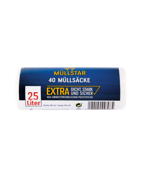 muellstar Muellsaecke 25 Liter, extra dicht, stark und sicher, weiss transparent, 50 mal 50 cm, aus Polyethylen, 40 Stueck